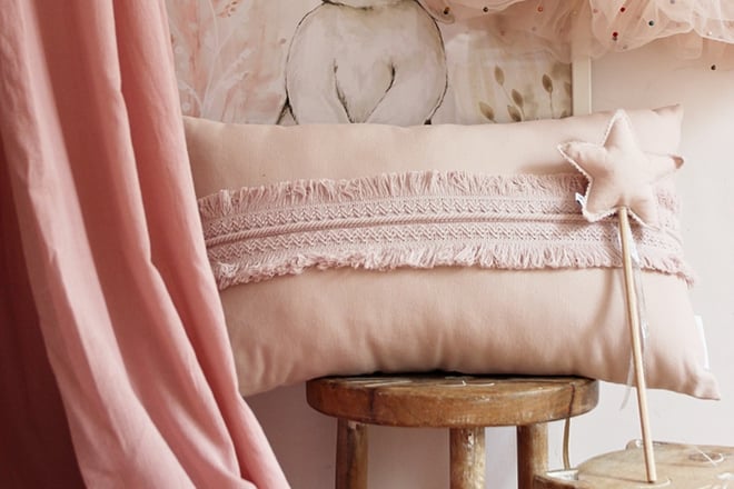 Boho Pink Rectangular Cushion with Lace