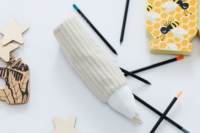 Trousse à Crayons en Velours Côtelé Off White