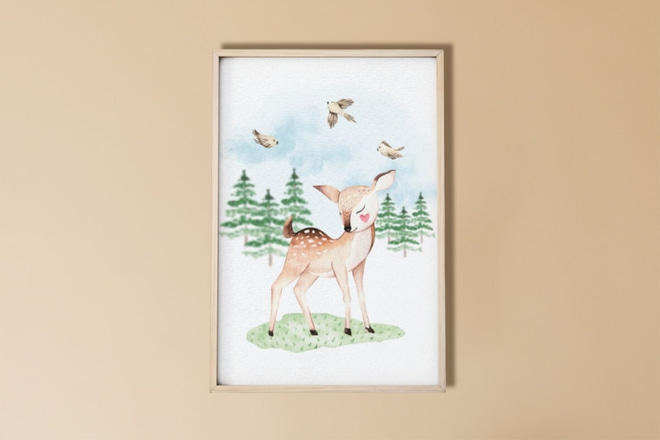 Affiche Arbres Biche et Oiseaux