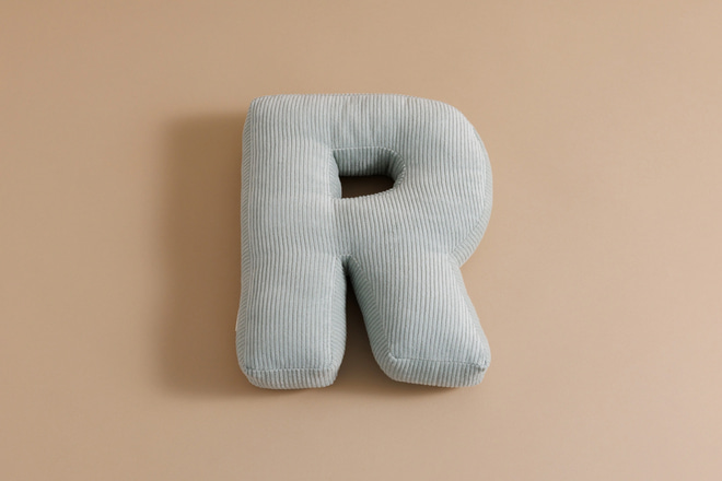 Coussin Lettre R - Velours Côtelé Vert d'eau