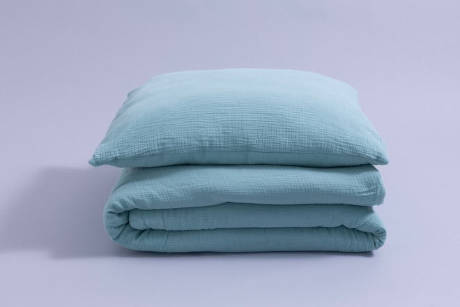 Ensemble Couette et Oreiller 120x170 Mousseline de Coton Avec Garnissage - Eucalyptus