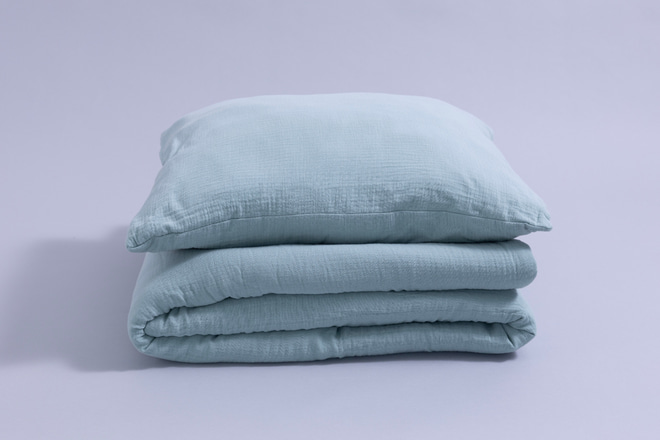 Juego de edredón y almohada de muselina de algodón 120x170 con relleno - Verde Salvia