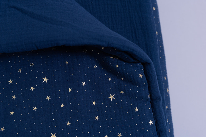Cotton Muslin 120x170 Duvet & Pillow Set With Filling - Marine Blue & Gold Stars