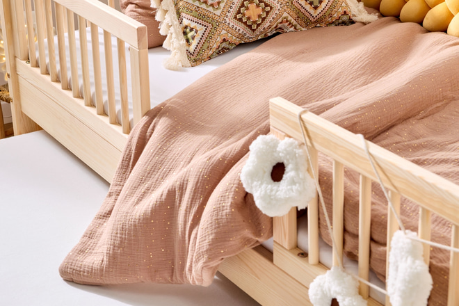 Ensemble Couette et Oreiller 120x170 Mousseline de Coton Avec Garnissage - Camel à Pois Dorés