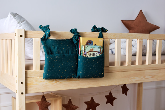 Pochette de Rangement Lit - Vert Foncé à Étoiles Dorées